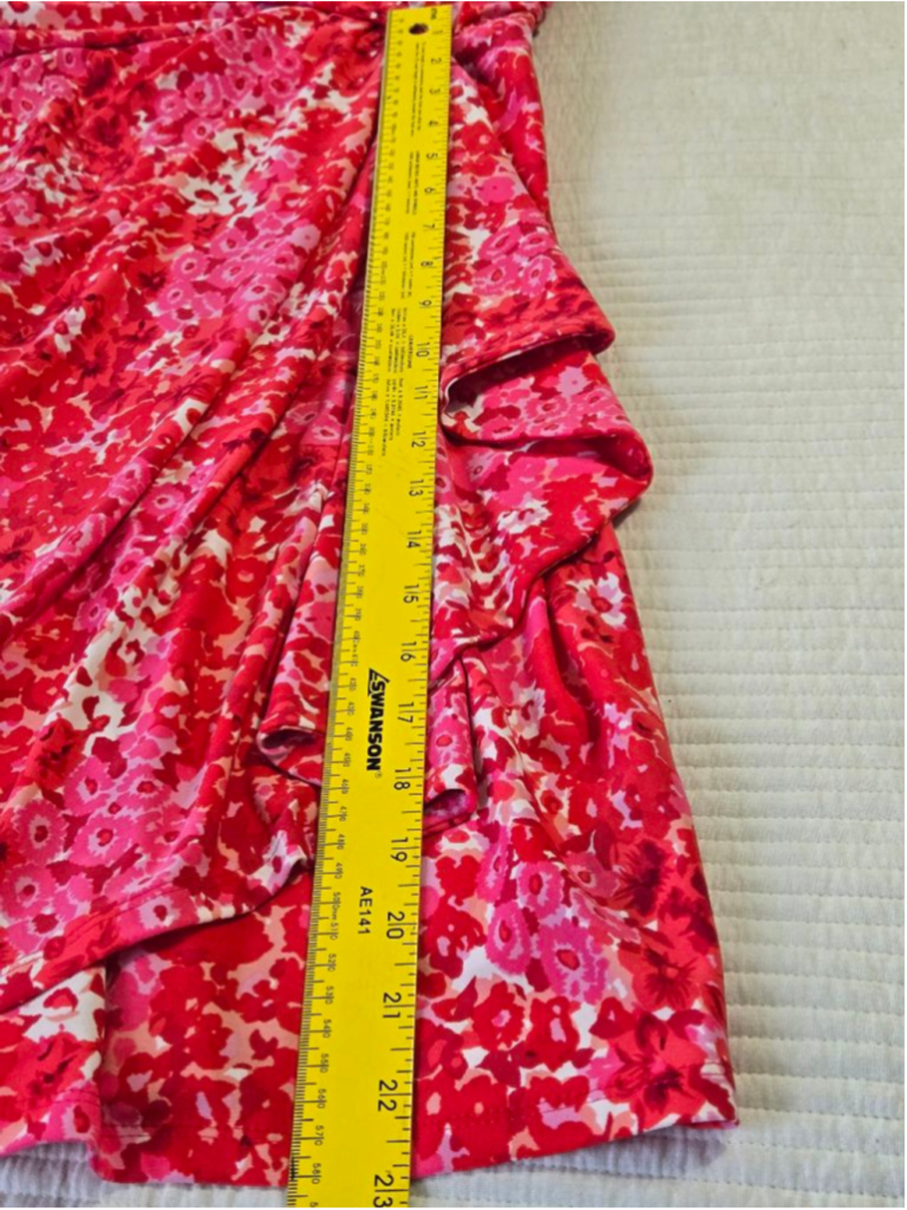 Chaps Floral Faux Wrap Dress Pink Coral Sleeveless Ruched Ruffle Sheath size L - Picture 4 of 9